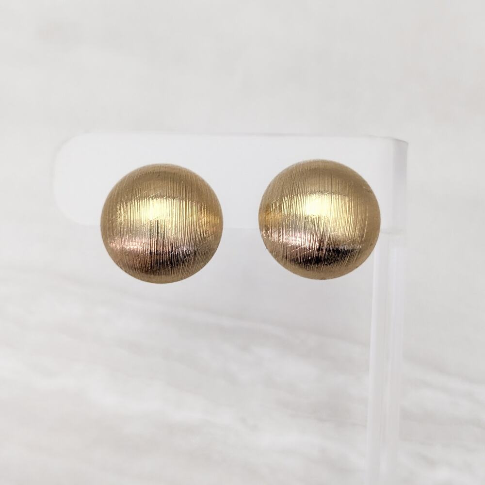 Vintage Clip On Earrings Domed Circle Button Style Brushed Lines Gold Tone